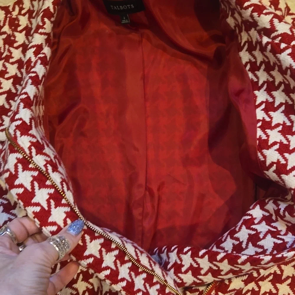 Talbot's Red/White Houndstooth Wool Blend Fully Lined Moto Jacket - Picture 7 of 9